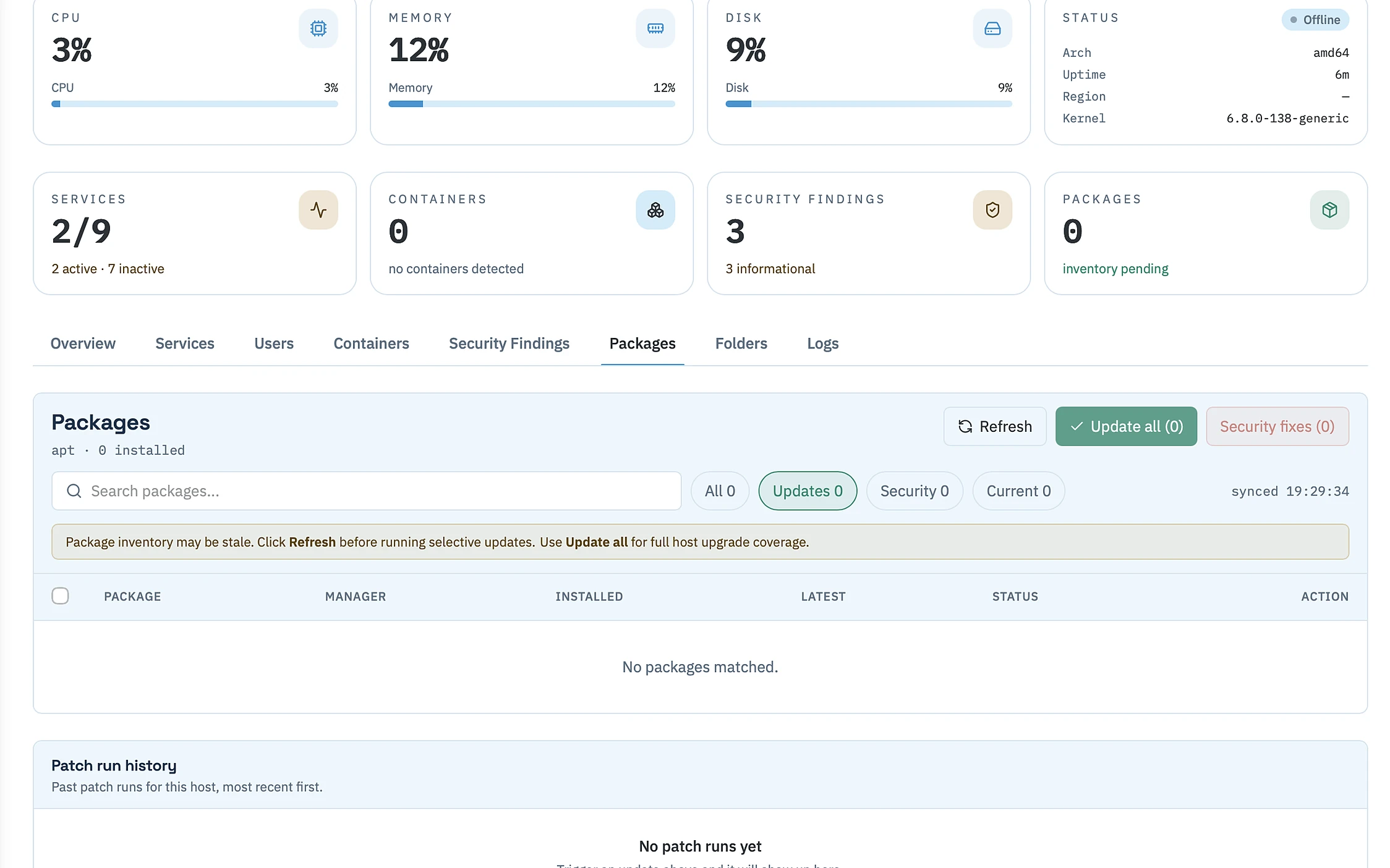 Lantern packages tab: update and security-fix actions, package list and patch run history