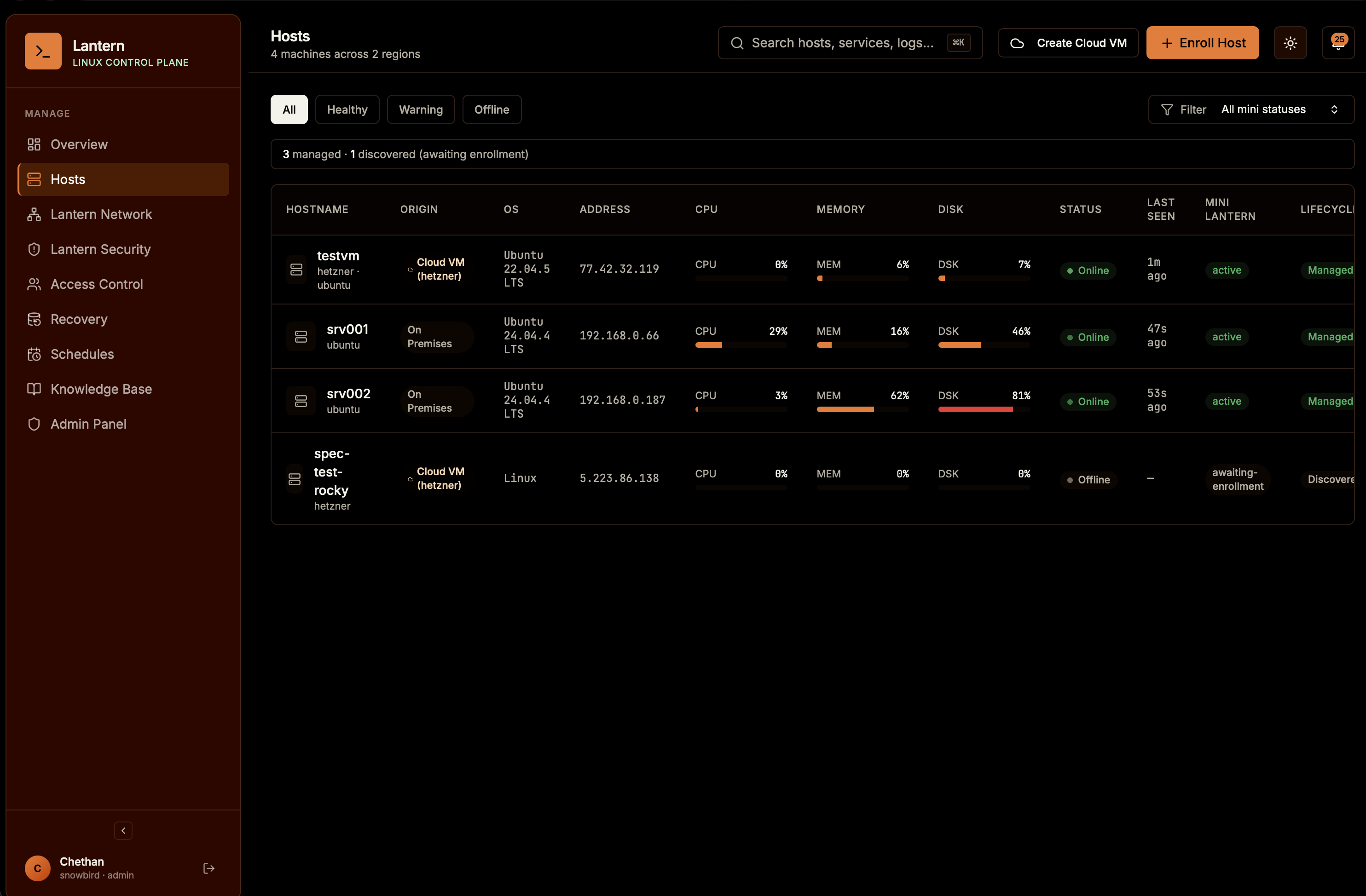 Lantern Hosts list showing hostname, origin, operating system, address, CPU, memory, disk, status, last seen and lifecycle state for four machines.