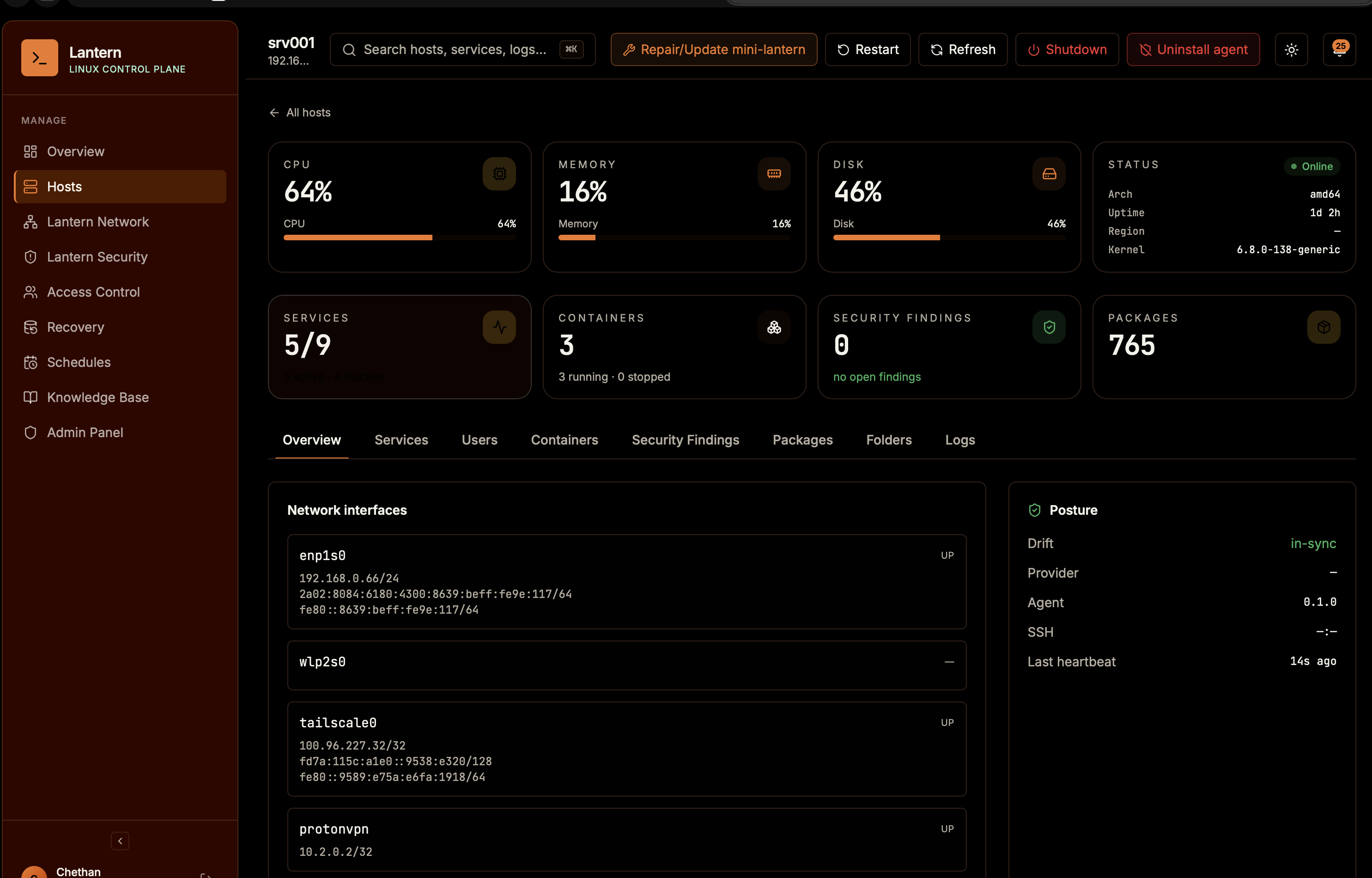 Lantern host detail for srv001: CPU, memory and disk gauges, status with kernel and uptime, services, containers, security findings, packages, network interfaces and posture.
